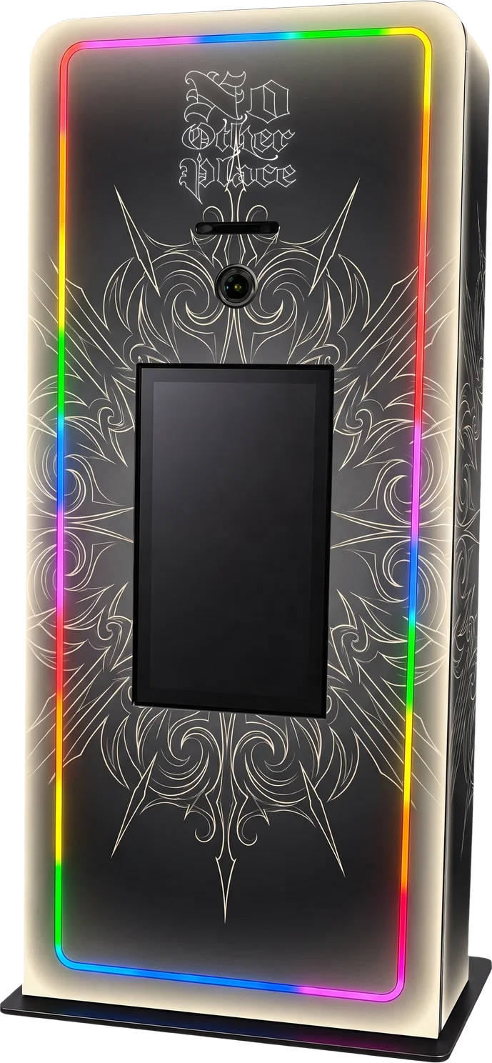 Elevated Kiosk with LED edge lighting, large touch screen, and integrated printer, shown in a Greg Rothstein - No Other Place custom wrap