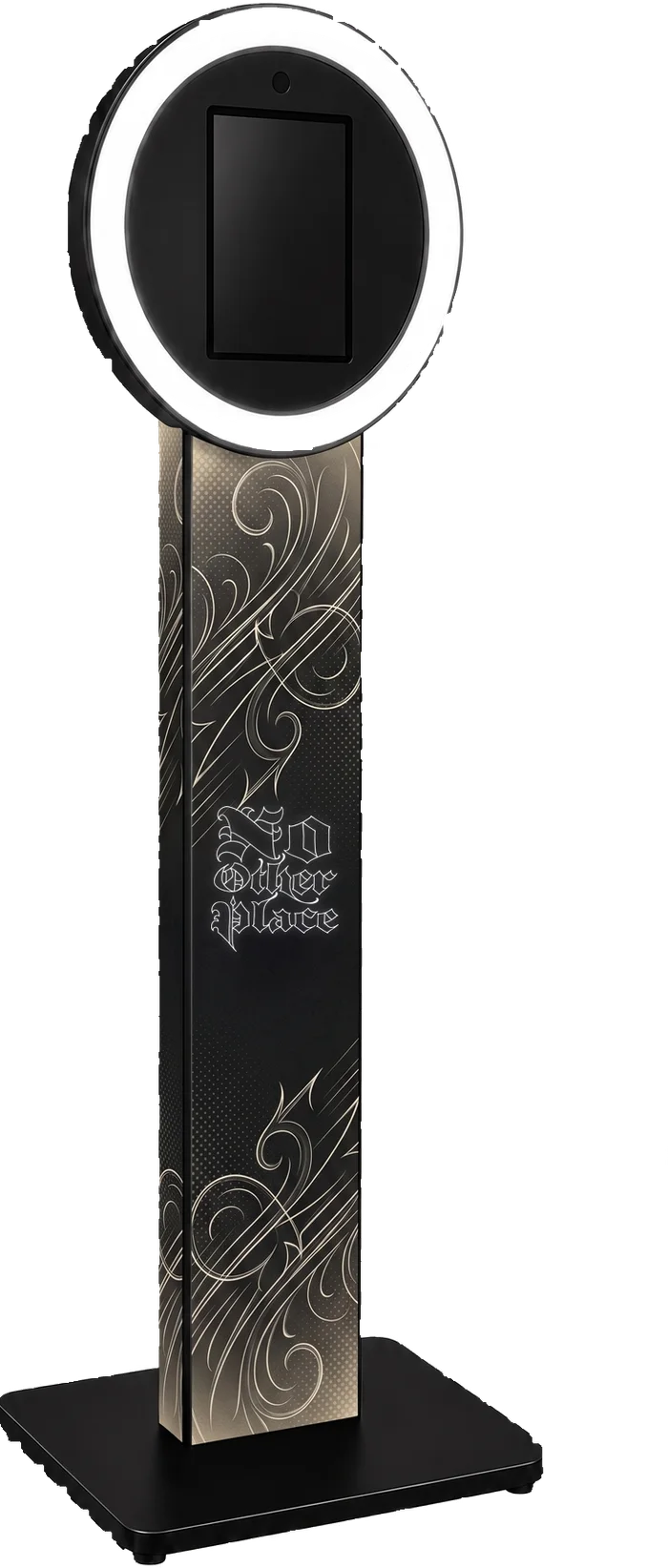 Selfie Station kiosk with halo ring light, shown in a Greg Rothstein - No Other Place custom wrap