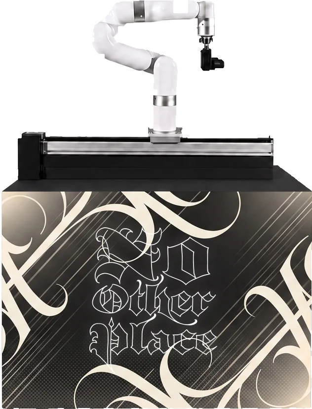 Robotic camera arm mounted on a rail atop a branded base cabinet, shown in a Greg Rothstein - No Other Place custom wrap